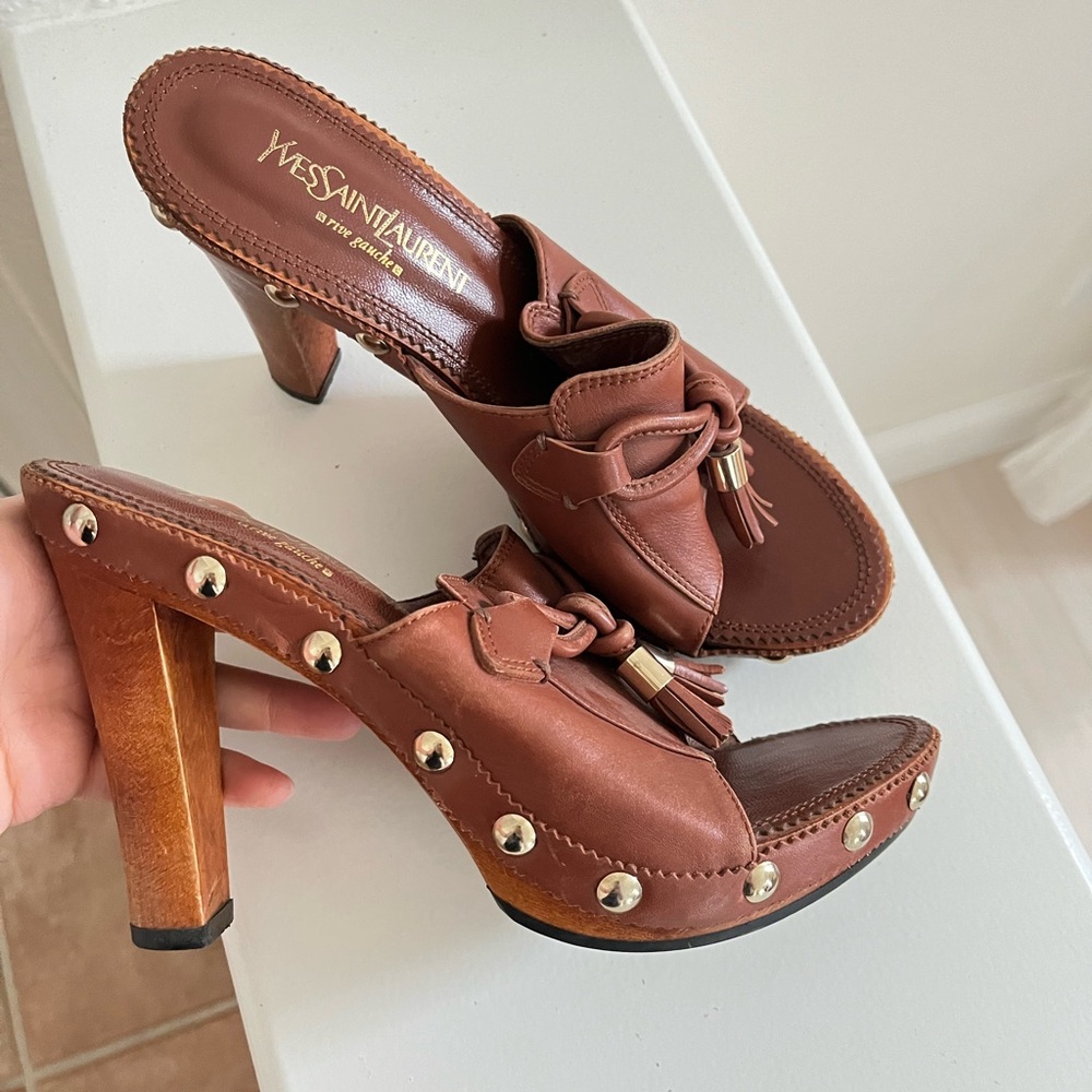 Authentic Yves Saint Laurent Brown Leather Mules with Tassel and Stud Accents - Picture 3 of 9